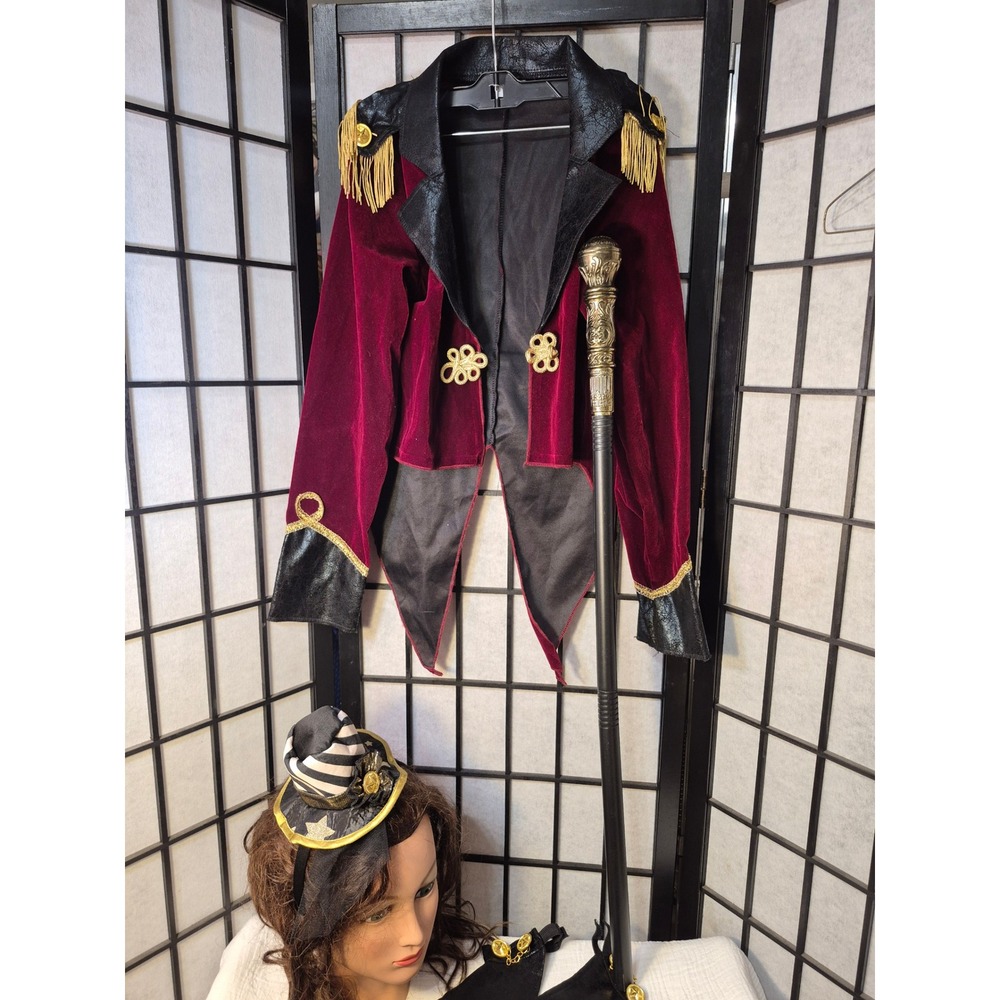 Ringmaster Costume XL kid Burgundy Velvet Jacket Cane Mini Top Hat Cuffs Circus